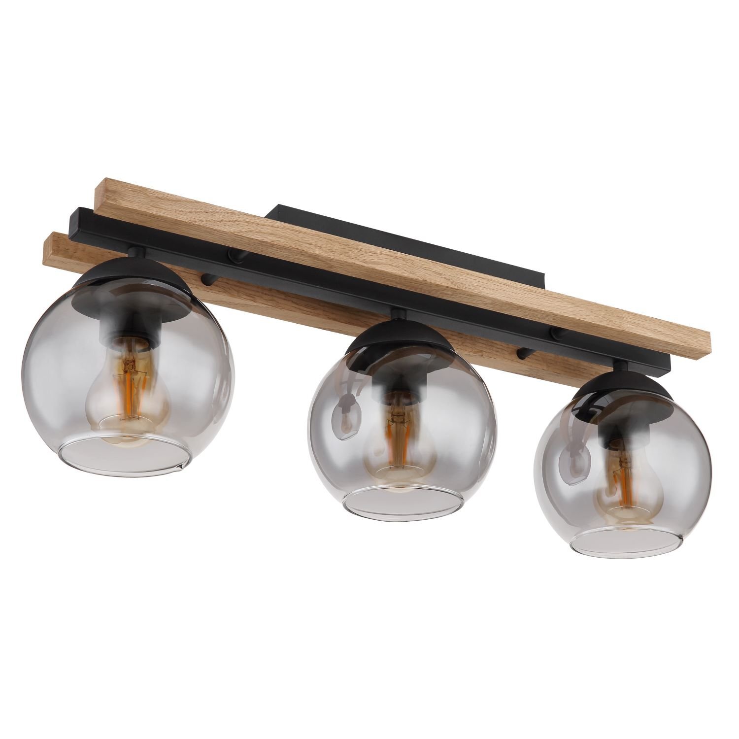 Lampa sufitowa z trzema szklanymi kloszami w kształcie kul, zamontowana na drewnianej listwie z metalowymi elementami. Klosze są przezroczyste, a wewnątrz widoczne są żarówki.
