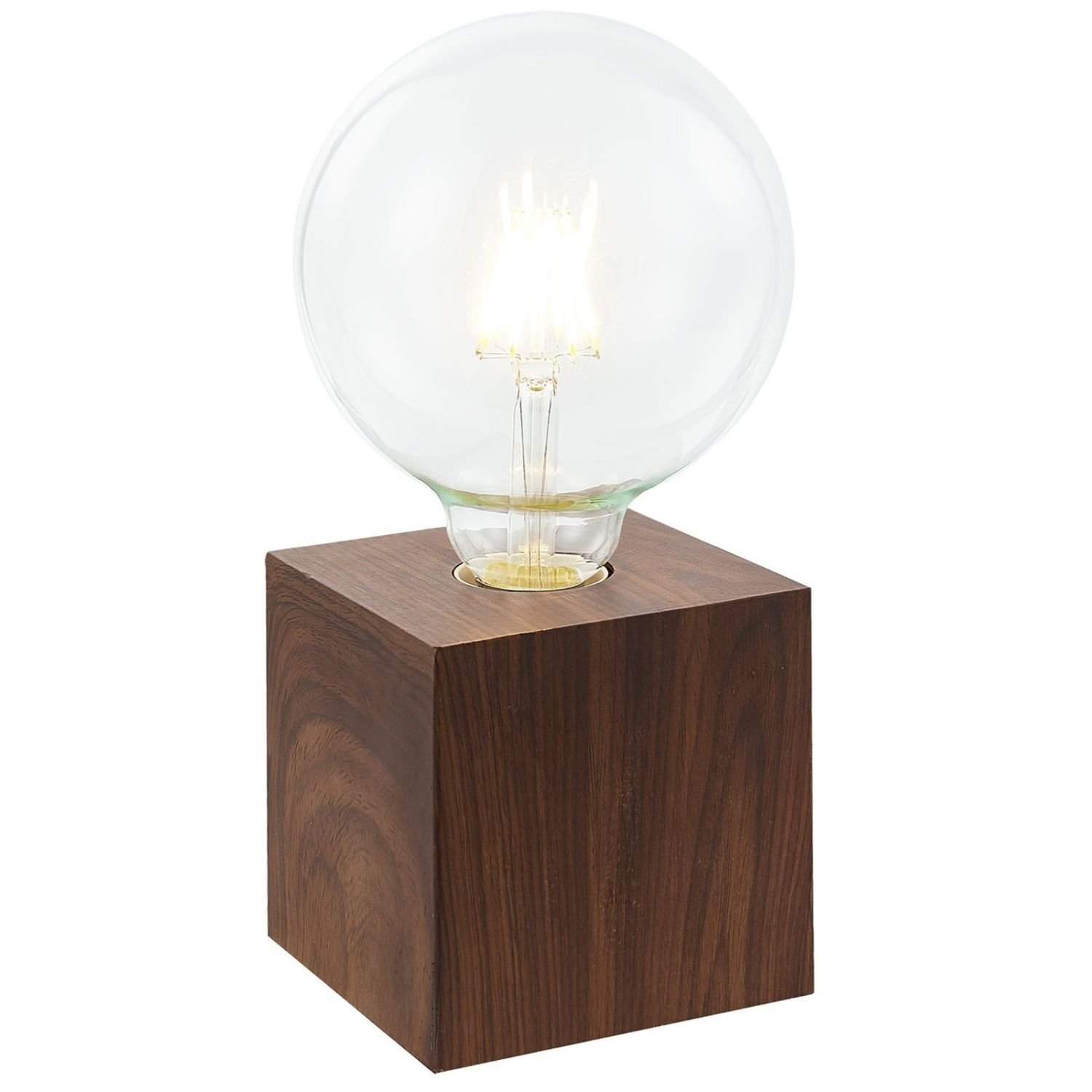 Lampa stołowa z przezroczystą, kulistą żarówką umieszczoną na drewnianej, sześciennej podstawie.