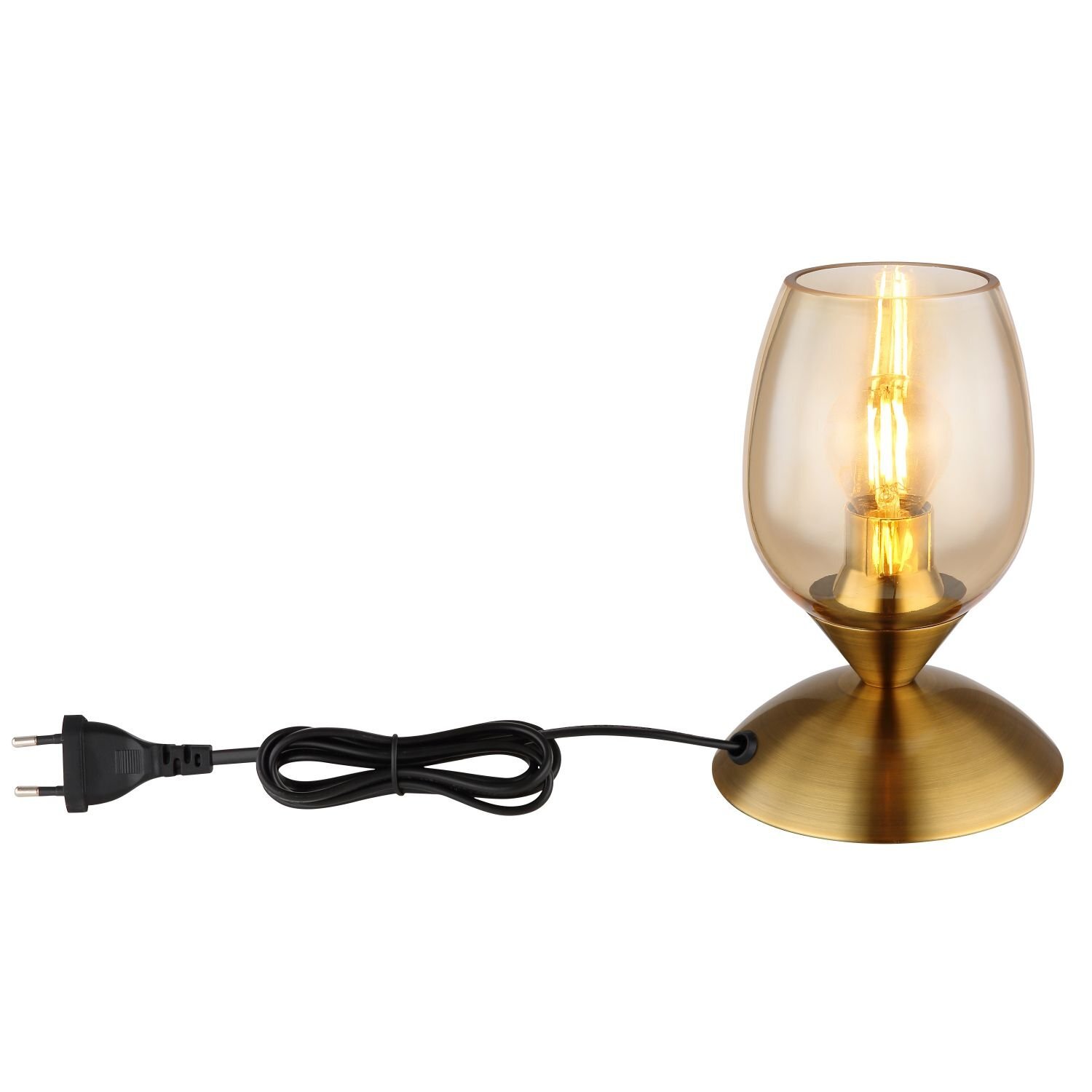 Lampa stołowa z metalową podstawą w kolorze złotym i szklanym kloszem, w którym znajduje się żarówka. Do lampy podłączony jest czarny przewód z wtyczką.