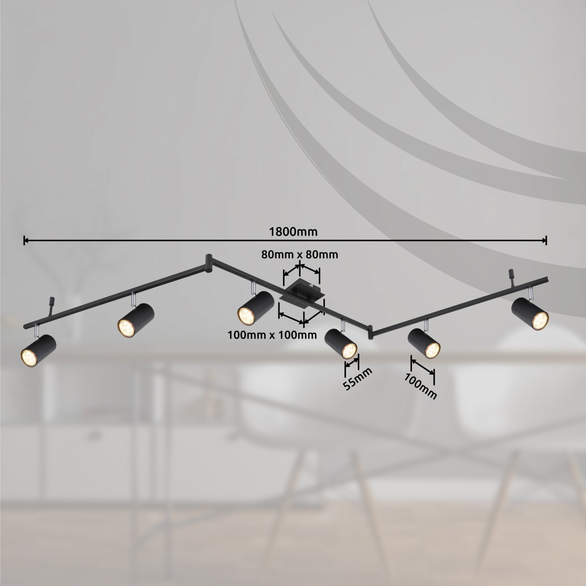 Czarna matowa lampa sufitowa z sześcioma regulowanymi reflektorami, o długości 1800 mm. Widoczne wymiary: 80 mm x 80 mm, 100 mm x 100 mm, 55 mm, 100 mm.