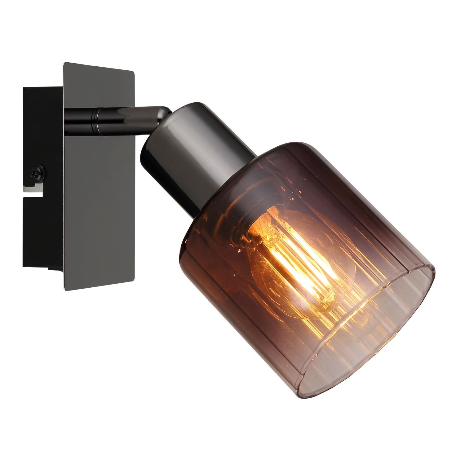 Lampa reflektorowa z metalowym uchwytem i szklanym kloszem w kolorze brązowym, przez który widać żarówkę emitującą ciepłe światło.