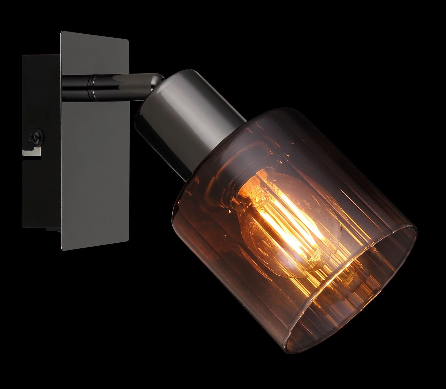 Lampa reflektorowa z metalowym uchwytem i szklanym kloszem, przez który widać żarówkę emitującą ciepłe światło.