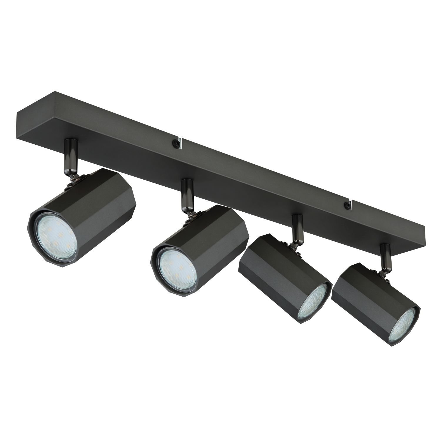 Czarny reflektor sufitowy z czterema regulowanymi punktami świetlnymi w nowoczesnym stylu. Każdy reflektor ma cylindryczny kształt i jest zamontowany na prostokątnej listwie.