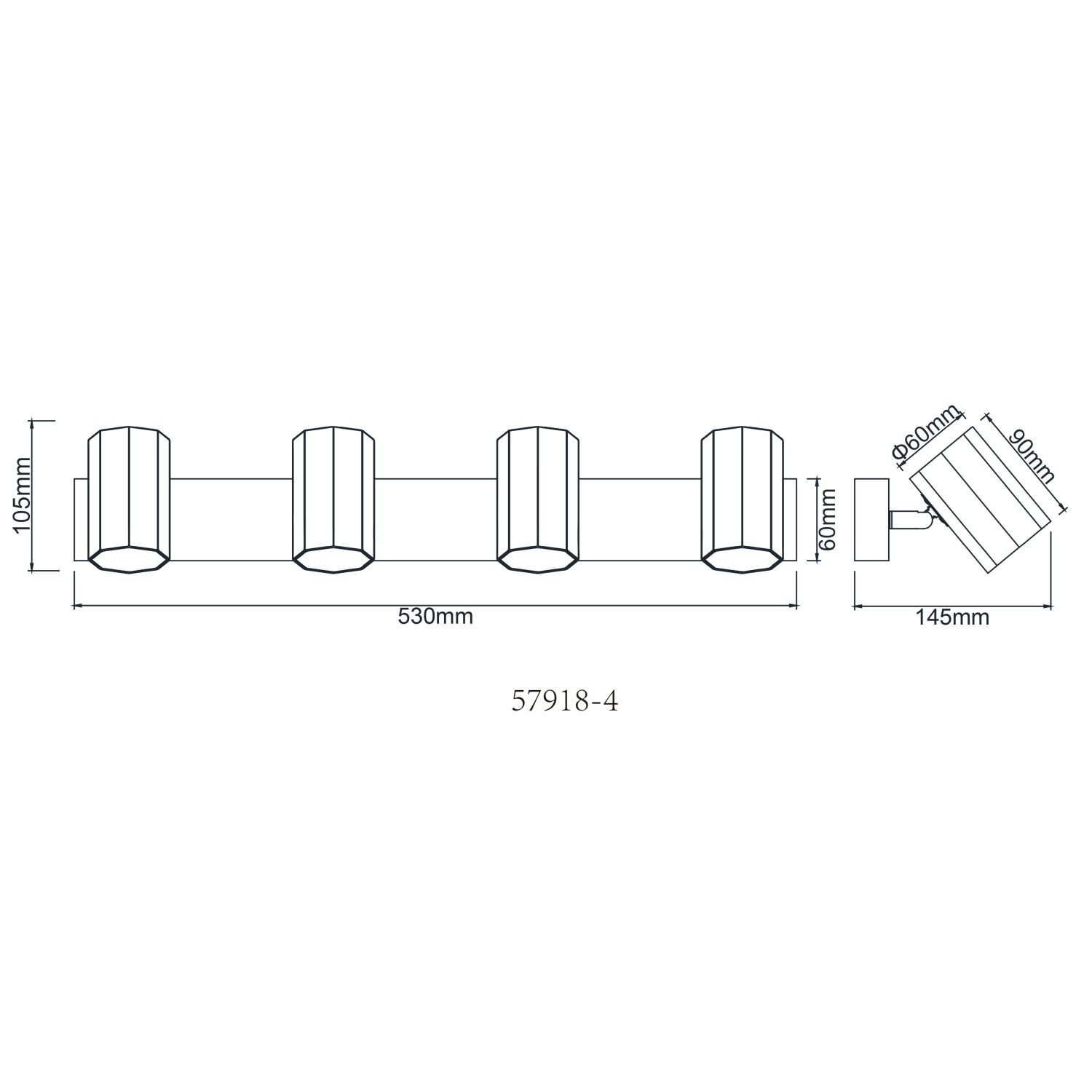 Schemat techniczny reflektora sufitowego z czterema cylindrycznymi punktami świetlnymi. Wymiary: długość 530 mm, wysokość 105 mm, średnica punktu świetlnego 60 mm, długość ramienia 145 mm.