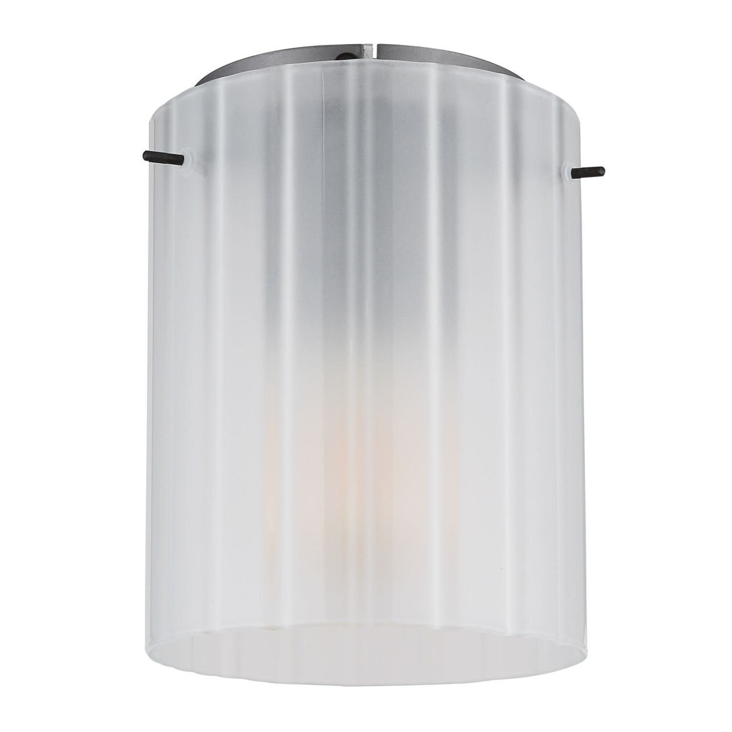 Lampa sufitowa z ryflowanym, półprzezroczystym kloszem w kształcie walca. Klosz jest zamocowany na metalowej podstawie.
