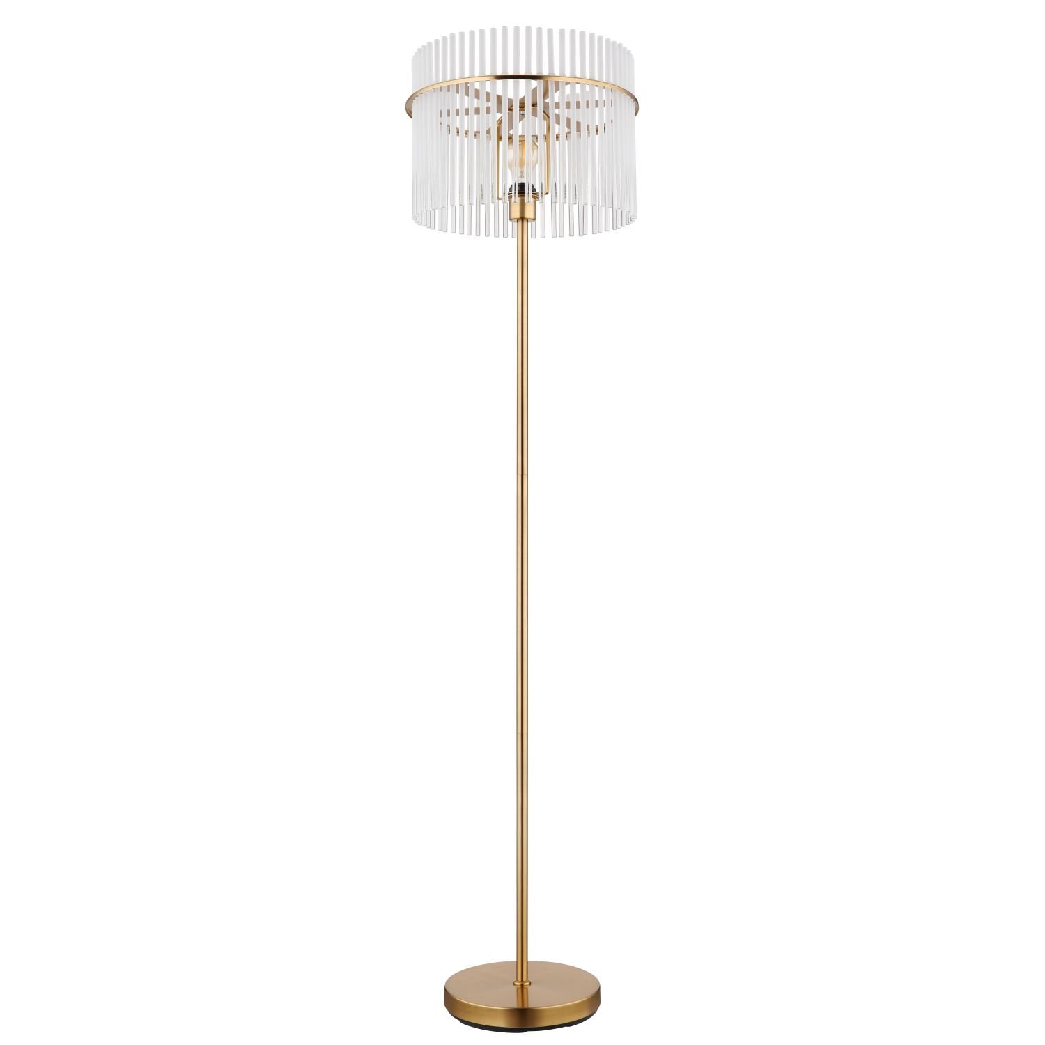 Lampa podłogowa z metalowym stelażem w złotym kolorze i kloszem z przezroczystych pionowych prętów. Podstawa jest okrągła i również w złotym kolorze.