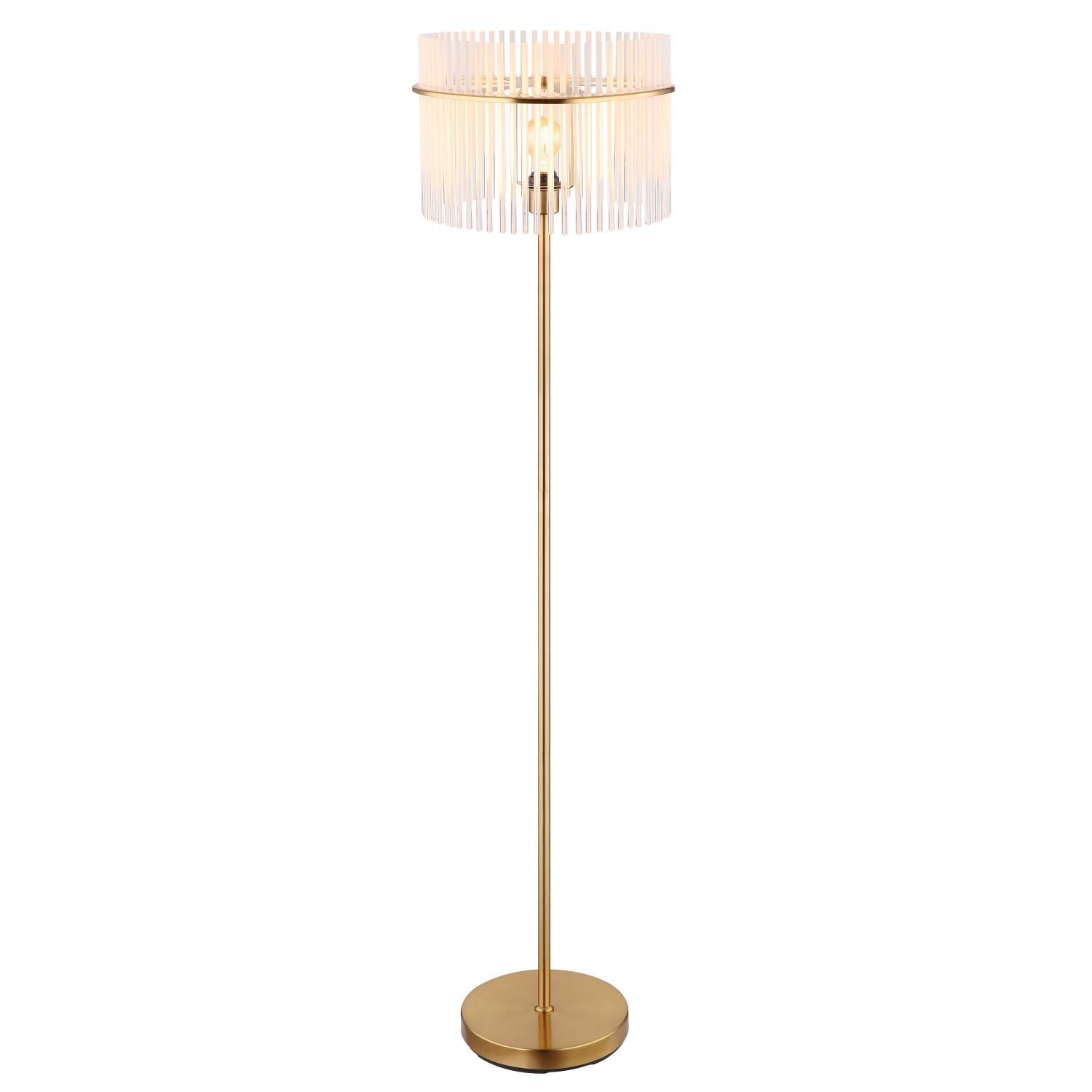 Lampa podłogowa z metalowym stelażem w złotym kolorze i cylindrycznym kloszem z pionowymi prętami. Klosz przepuszcza światło, tworząc dekoracyjny efekt.