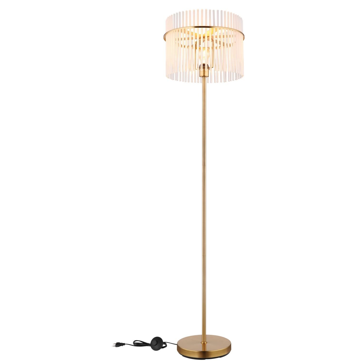 Lampa podłogowa z metalowym stelażem w złotym kolorze i kloszem z przezroczystymi pionowymi elementami. Na dole widoczny jest przewód z wtyczką.