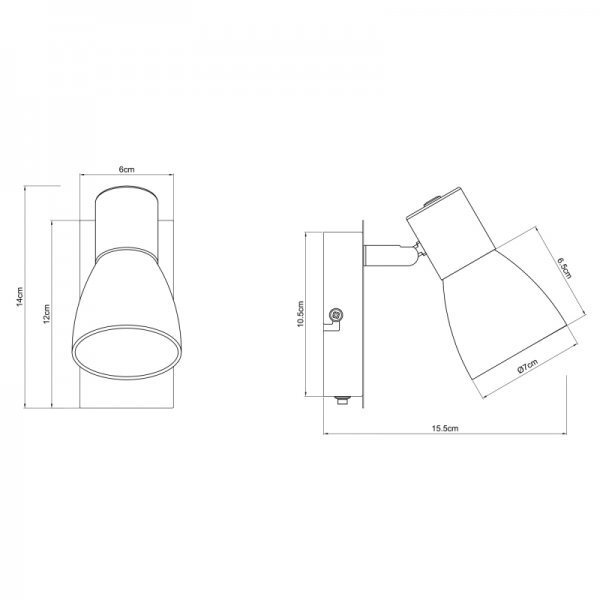Schemat techniczny kinkietu z wymiarami: wysokość 14 cm, szerokość 12 cm, głębokość 15,5 cm. Widoczne są szczegóły konstrukcji oraz oznaczenia wymiarów poszczególnych elementów.