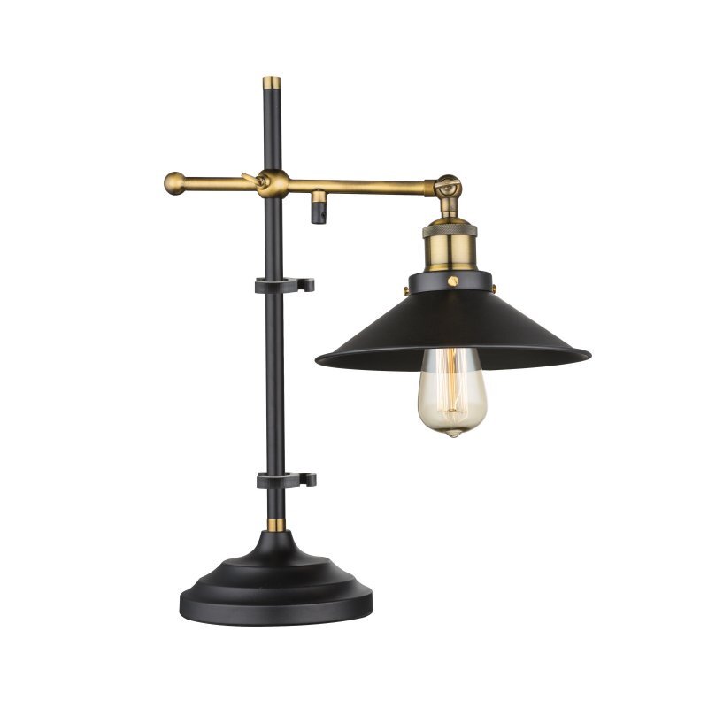 Czarna lampa stołowa z elementami w kolorze starego złota, z kloszem w kształcie stożka i widoczną żarówką. Lampa posiada pionowy stojak z poziomym ramieniem i okrągłą podstawą.
