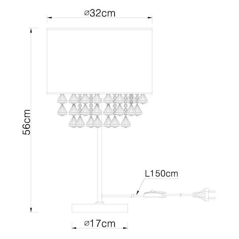 Schemat lampy stołowej z tekstylnym abażurem o średnicy 32 cm i wysokości 56 cm. Podstawa ma średnicę 17 cm, a długość kabla wynosi 150 cm.