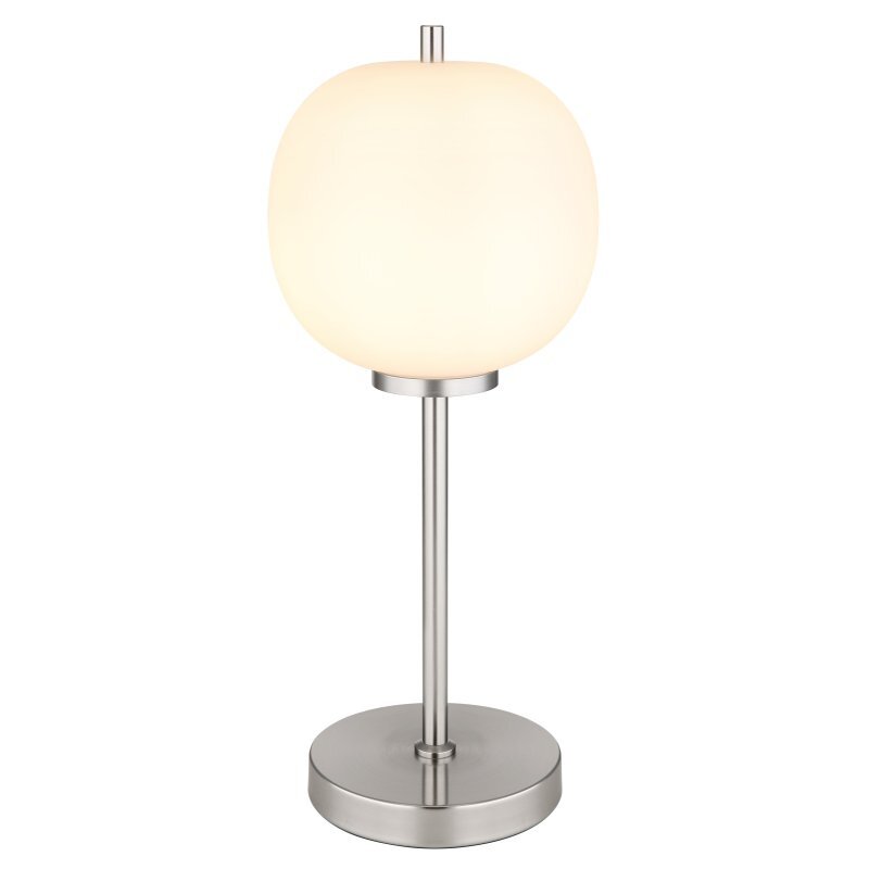 Lampa stołowa z matowym niklowym wykończeniem i opalowym szklanym kloszem. Posiada okrągłą podstawę i prosty trzon.