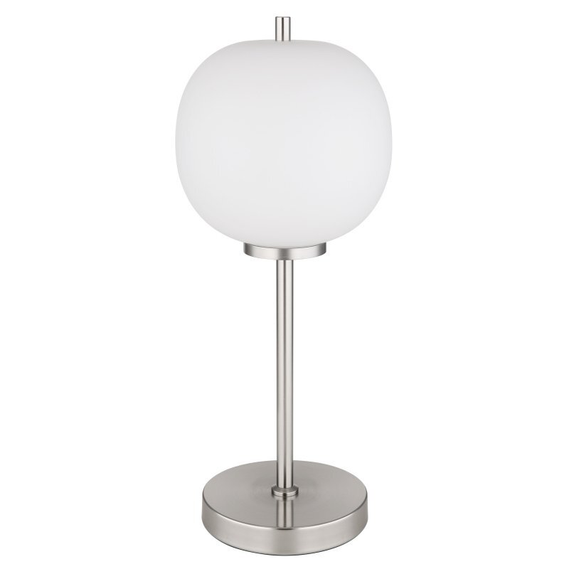 Lampa stołowa z matowym niklowym wykończeniem i opalowym szklanym kloszem. Posiada cylindryczną podstawę i prosty trzon.