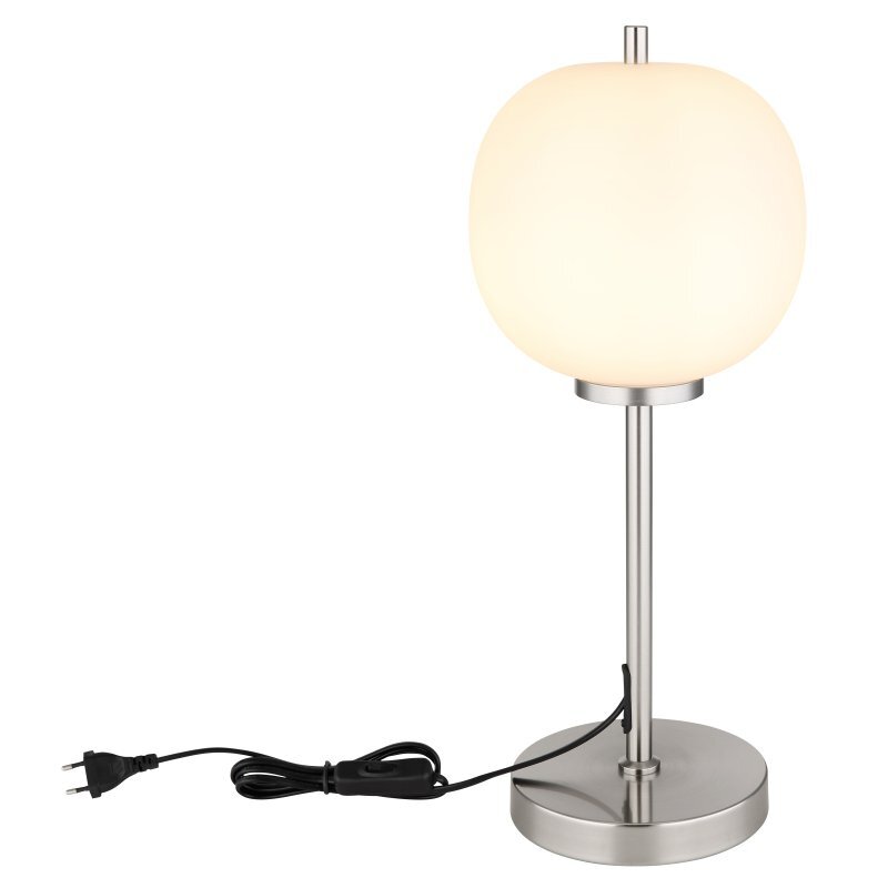 Lampa stołowa z matowym niklowym wykończeniem i opalowym szklanym kloszem. Posiada czarny kabel z wtyczką i włącznikiem.
