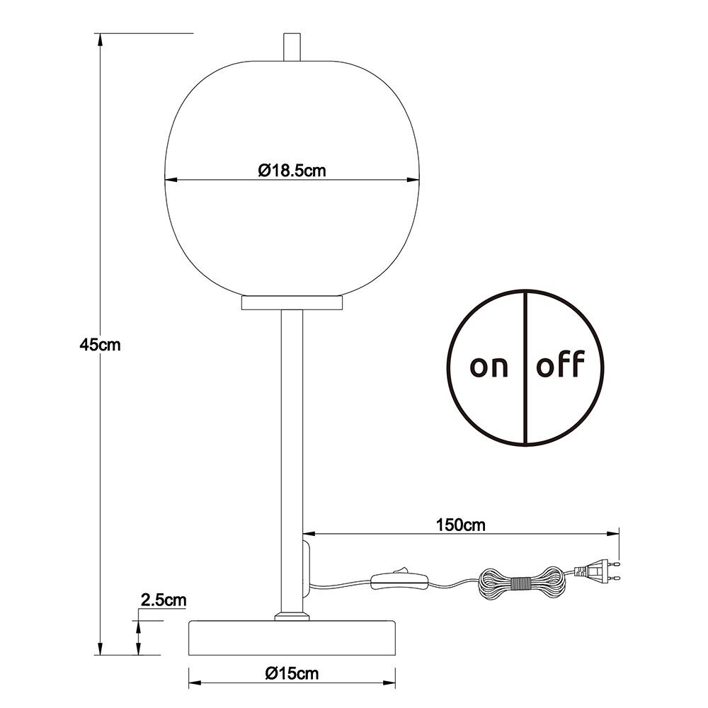 Schemat lampy stołowej z wymiarami: wysokość 45 cm, średnica klosza 18.5 cm, średnica podstawy 15 cm. Obok znajduje się symbol włącznika z oznaczeniami \'on\' i \'off\'.