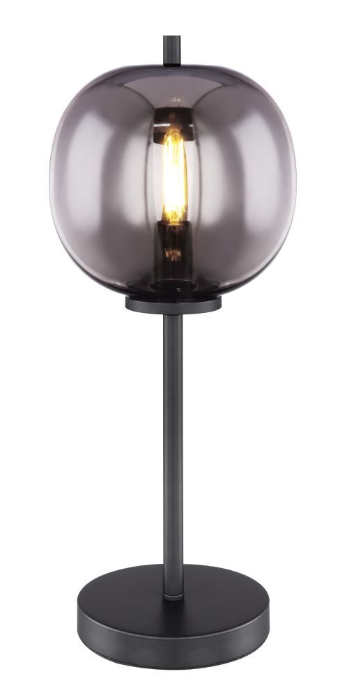 Czarna metalowa lampa stołowa z grafitowym szklanym kloszem, w którym widoczna jest żarówka. Lampa posiada prostą, cylindryczną podstawę i włącznik.