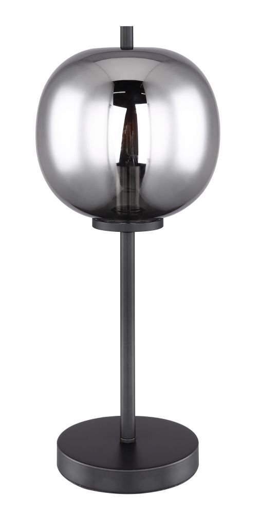 Czarna metalowa lampa stołowa z grafitowym szklanym kloszem, umieszczona na okrągłej podstawie. Lampa posiada włącznik i jest przeznaczona na żarówkę E14.