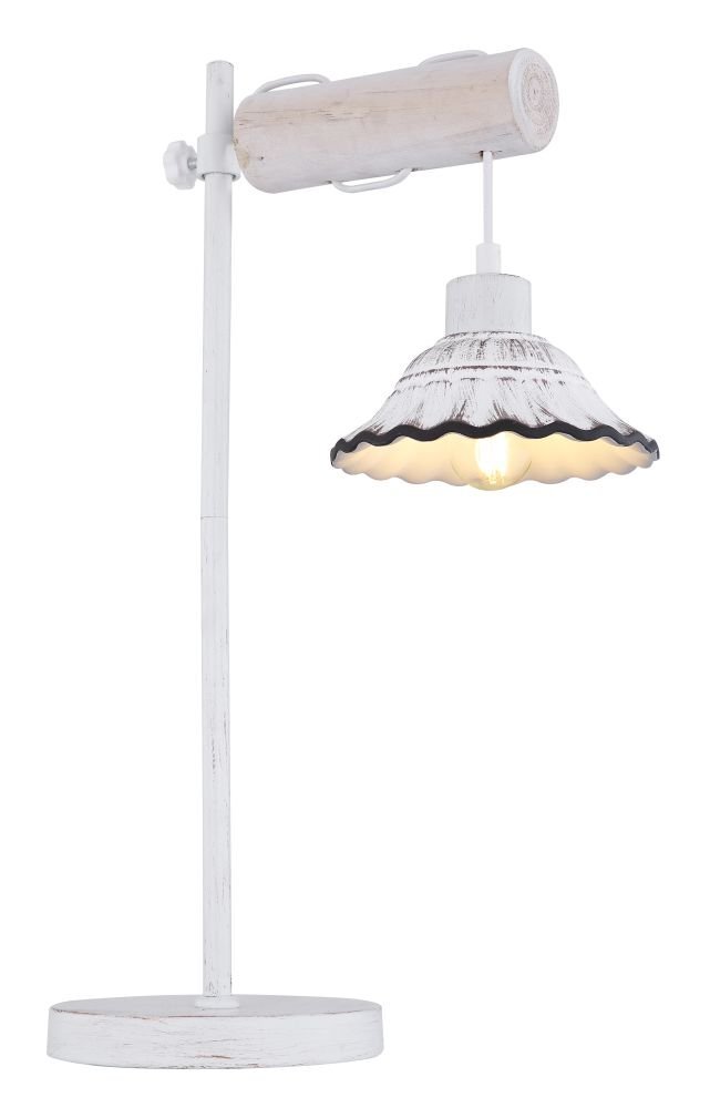 Biała lampa stołowa z drewniano-ceramiczną konstrukcją i falistym kloszem, emitująca ciepłe światło. Lampa posiada okrągłą podstawę i wyłącznik.