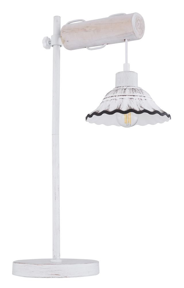 Biała lampa stołowa z drewnianym i ceramicznym wykończeniem, posiada falisty klosz i widoczny żarówkowy gwint E27. Lampa ma prostą, pionową konstrukcję z okrągłą podstawą.