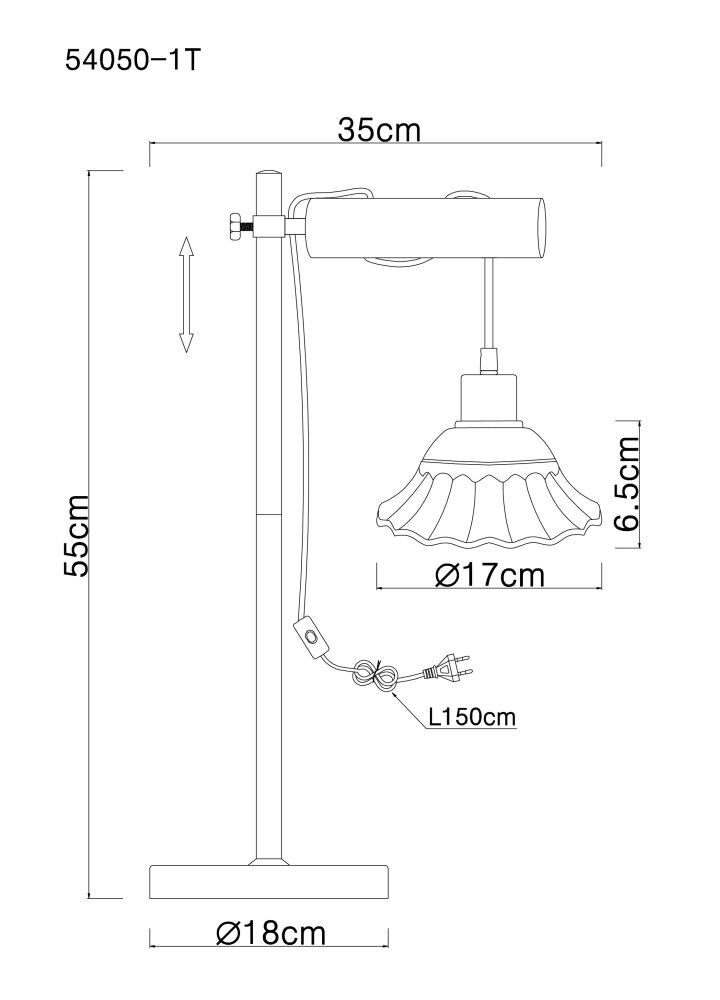 Schemat lampy stołowej z wymiarami: wysokość 55 cm, średnica podstawy 18 cm, długość ramienia 35 cm, średnica klosza 17 cm, wysokość klosza 6,5 cm, długość przewodu 150 cm. Model oznaczony jako 54050-1T.