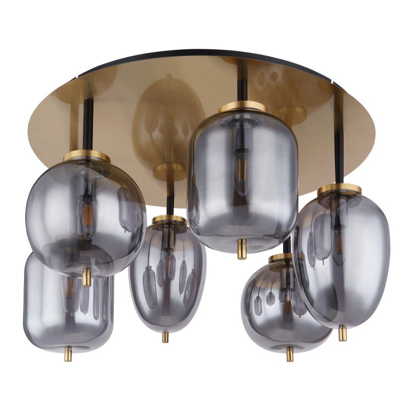 Lampa sufitowa z sześcioma przydymionymi szklanymi kloszami zamontowanymi na metalowej podstawie w kolorze matowego złota. Każdy klosz zawiera żarówkę typu E14.