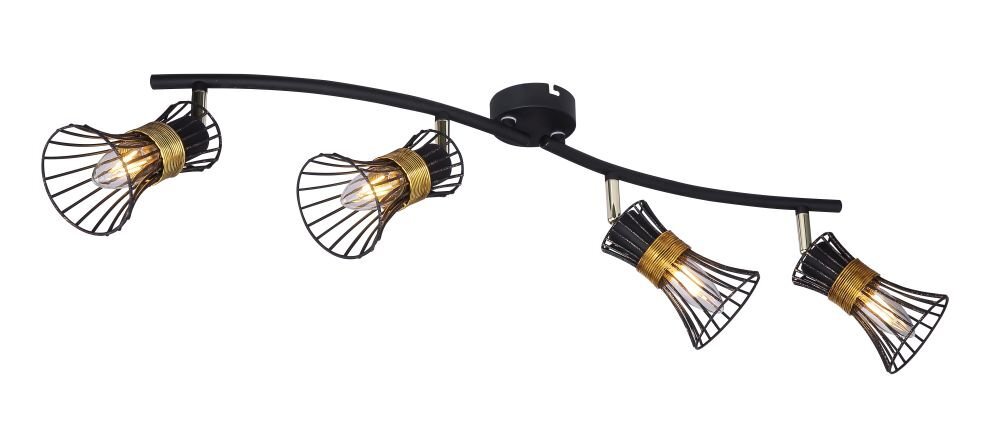 Czarna metalowa lampa sufitowa z czterema reflektorami w kształcie klatek, ozdobionymi złotymi elementami. Reflektory są zamontowane na lekko zakrzywionej listwie.