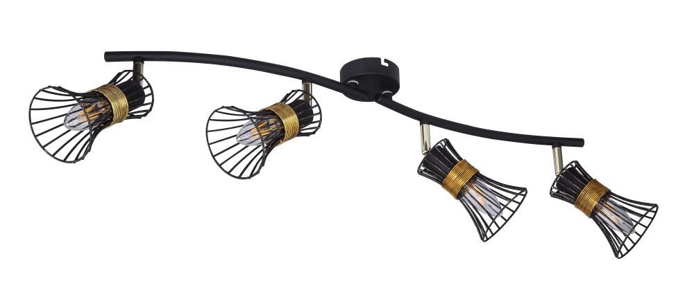 Czarna metalowa lampa sufitowa z czterema reflektorami w kształcie klatek, ozdobionymi złotymi elementami. Reflektory są zamontowane na lekko zakrzywionej listwie.