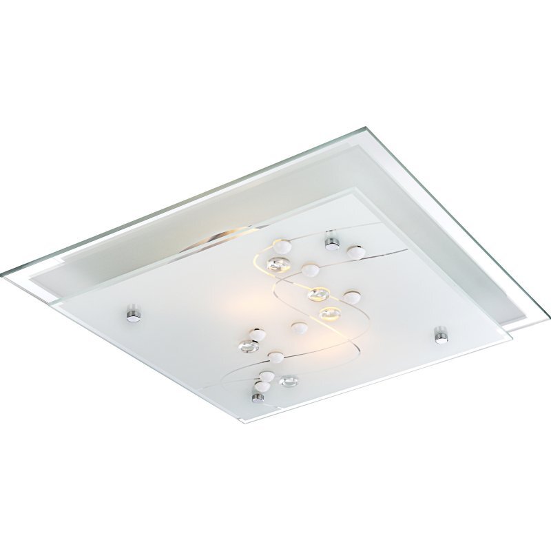 Kwadratowa lampa sufitowa z satynowanego szkła z chromowanymi elementami i kryształami. Posiada dwa źródła światła typu E27.