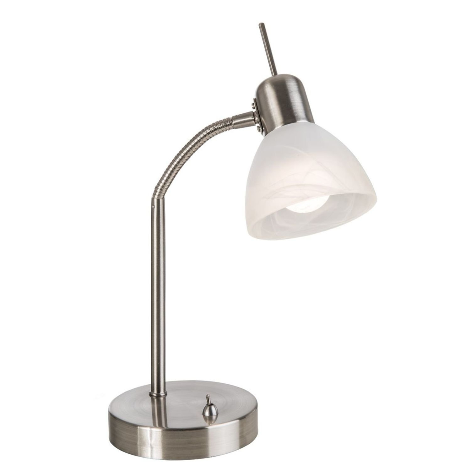 Lampa biurkowa z metalową podstawą i regulowanym ramieniem, zakończona białym kloszem. Na podstawie znajduje się włącznik w formie małej dźwigni.