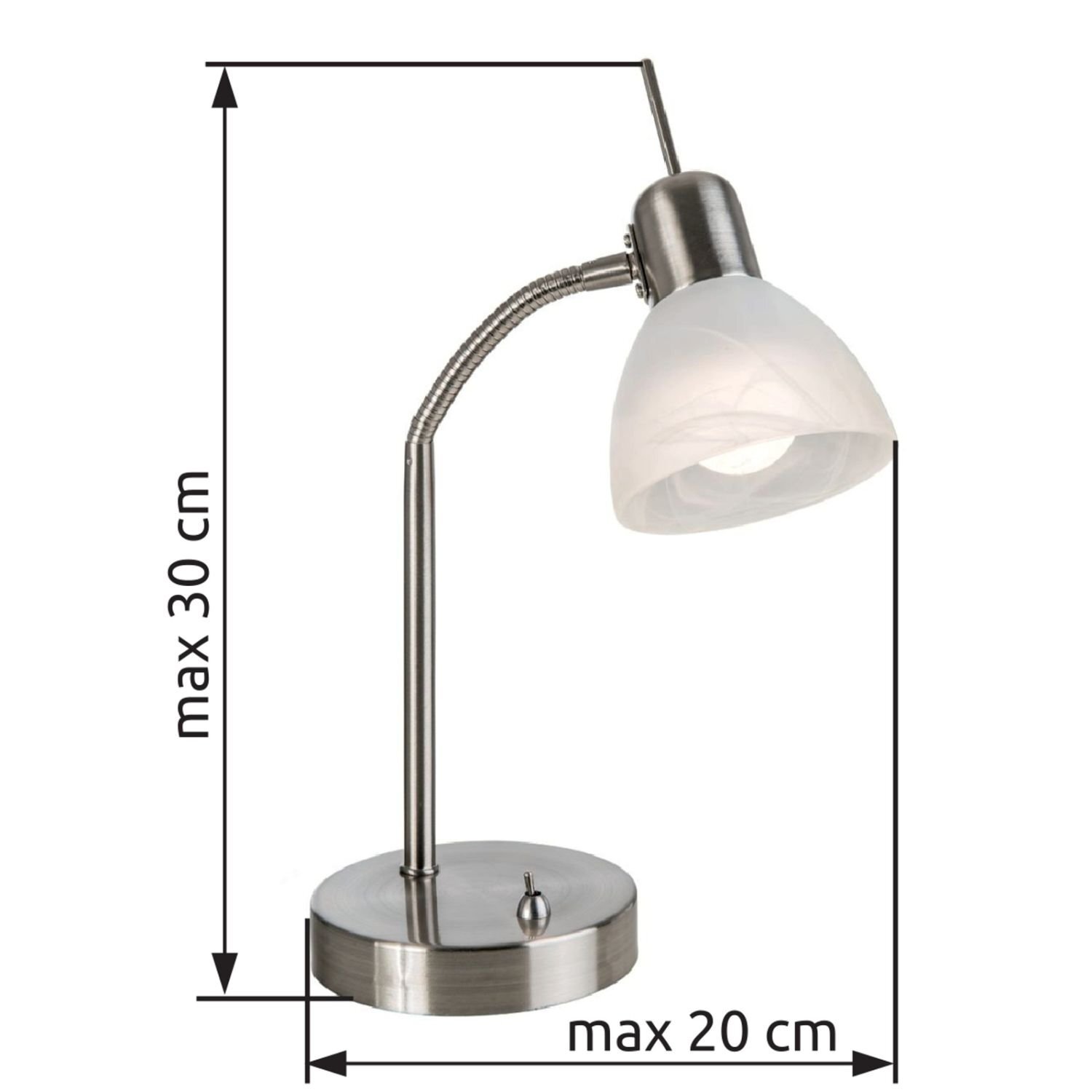 Na obrazie widoczna jest metalowa lampa biurkowa z białym kloszem, umieszczona na okrągłej podstawie. Obok lampy znajdują się wymiary: \'max 30 cm\' i \'max 20 cm\'.