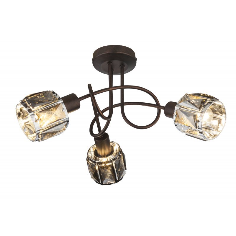 Lampa sufitowa z trzema źródłami światła, wykonana z brązowego metalu i szklanych kryształków. Każde źródło światła otoczone jest przezroczystymi elementami, które rozpraszają światło.
