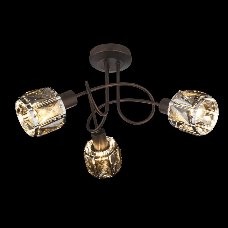 Lampa sufitowa z trzema źródłami światła, posiada brązowe i chromowane elementy oraz szklane kryształki. Konstrukcja jest stylowa i elegancka, z zakrzywionymi ramionami.