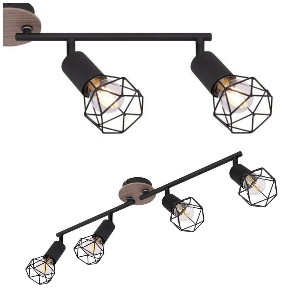 Lampa sufitowa z czterema reflektorami, wykonana z czarnego metalu i brązowego drewna. Każdy reflektor ma geometryczny klosz z metalowych prętów.