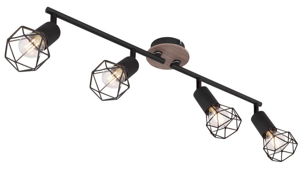 Lampa sufitowa z czterema reflektorami w metalowych, czarnych oprawach z drewnianymi elementami. Każdy reflektor ma geometryczny, ażurowy klosz.