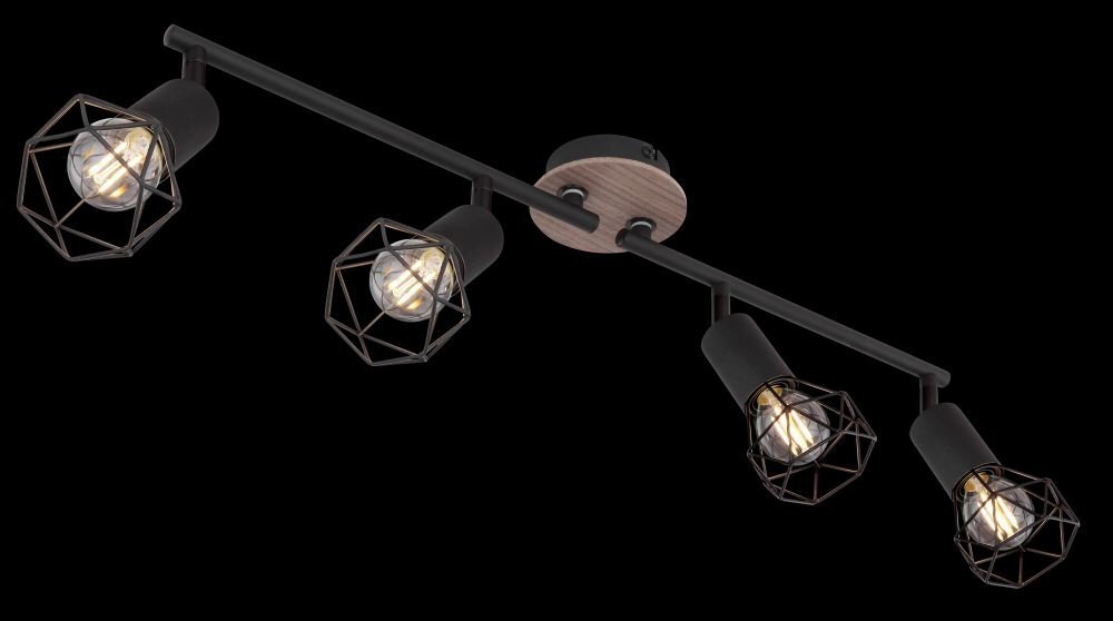Lampa sufitowa z czterema reflektorami, wykonana z czarnego metalu i brązowego drewna. Każdy reflektor ma geometryczny, ażurowy klosz.
