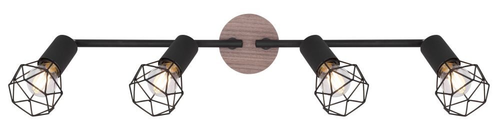 Lampa sufitowa z czterema reflektorami w czarnych, metalowych oprawach z geometrycznymi kloszami. Elementy drewniane w kolorze brązowym są widoczne na mocowaniu do sufitu.