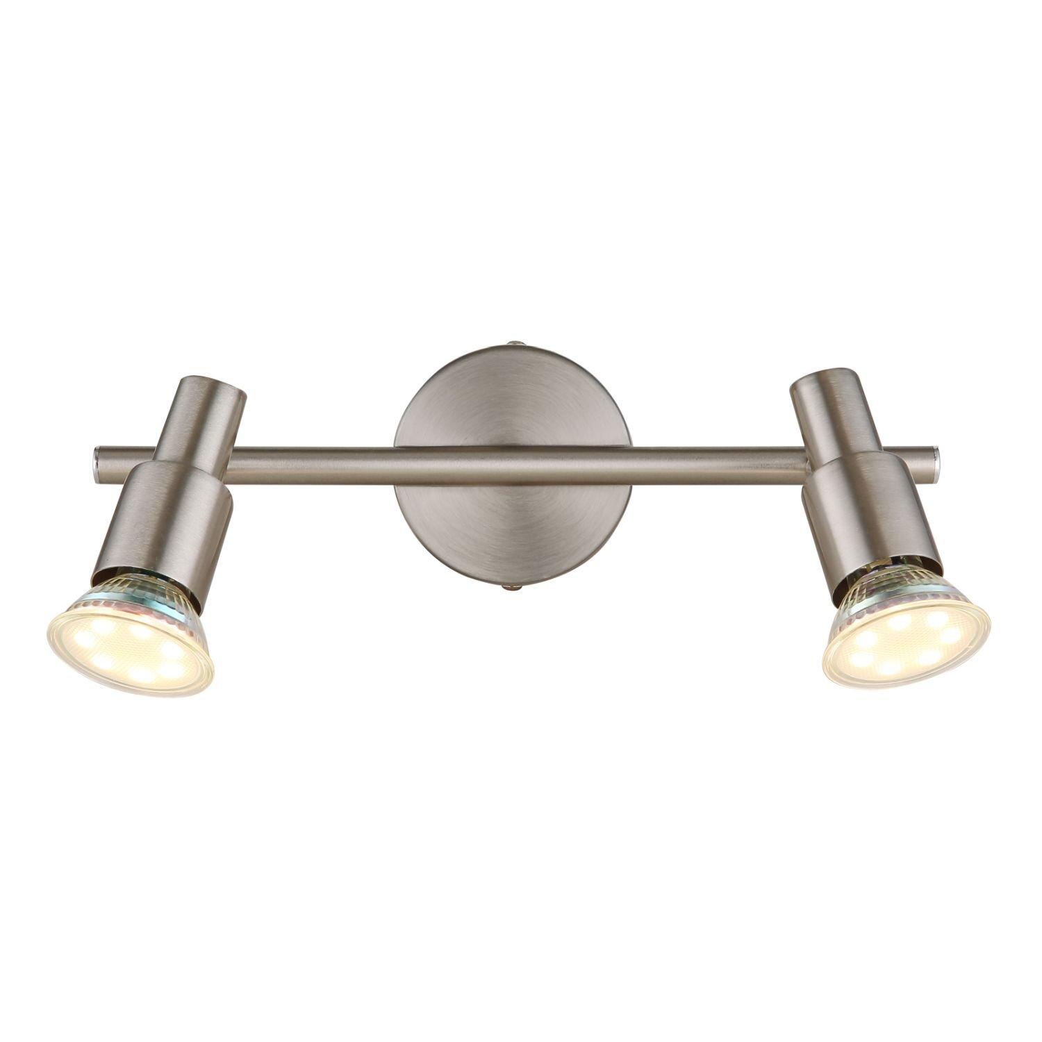 Na obrazie widoczny jest reflektor sufitowy z dwoma regulowanymi punktami świetlnymi, wykonany z metalu w kolorze srebrnym. Reflektor ma nowoczesny design z okrągłą podstawą montażową.