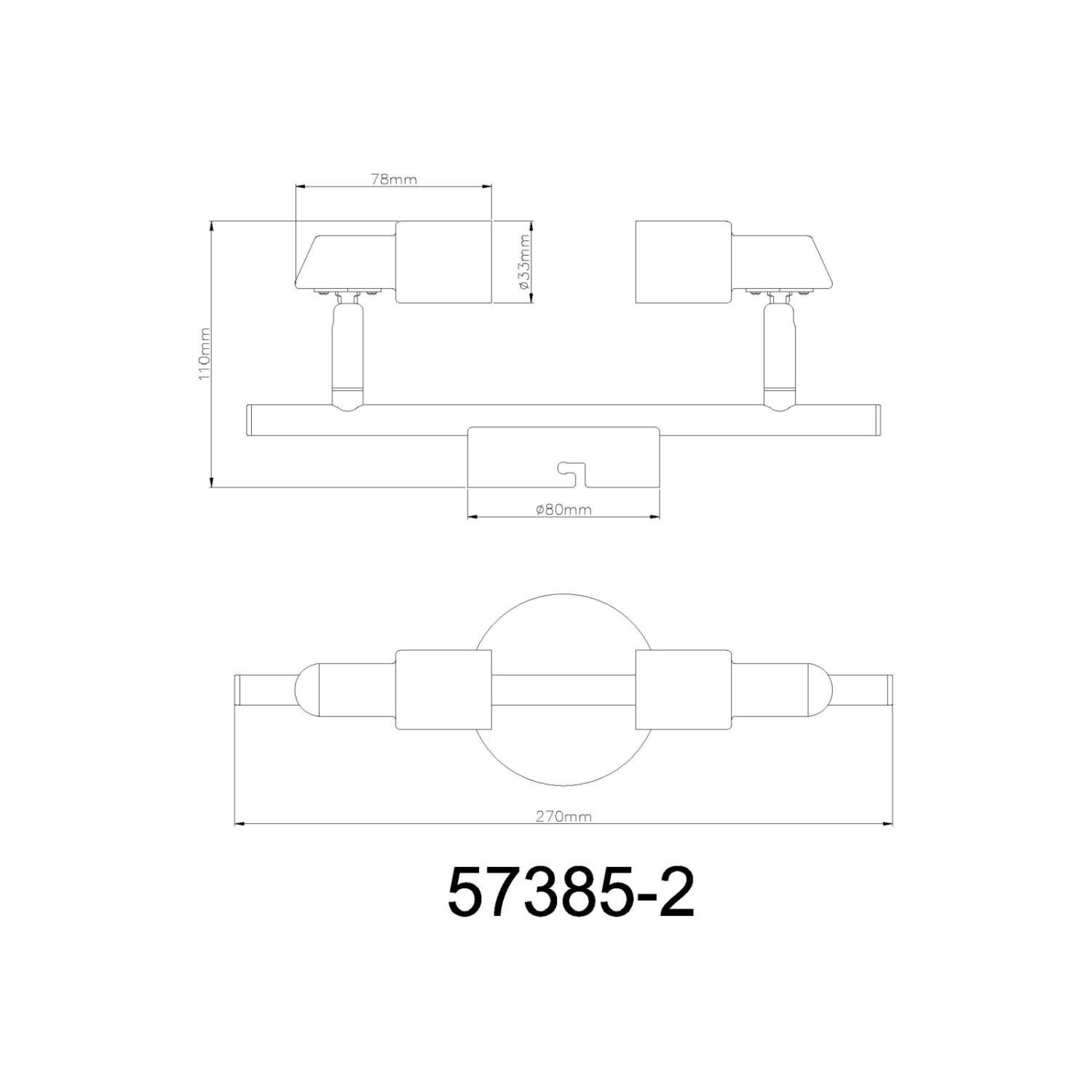 Schemat techniczny reflektora sufitowego z wymiarami: wysokość 110 mm, szerokość 270 mm, średnica podstawy 80 mm. Widoczny numer modelu: 57385-2.
