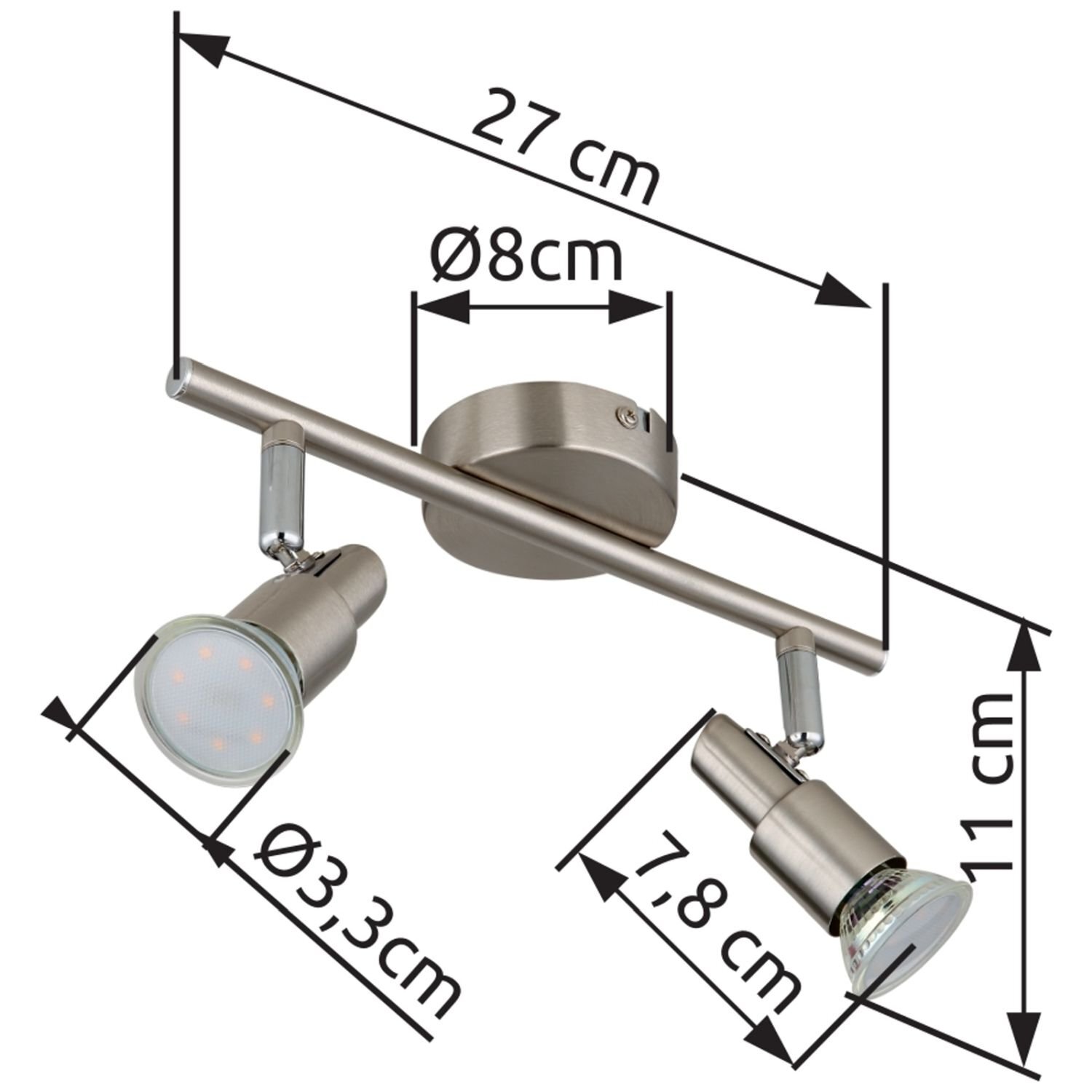 Obraz przedstawia reflektor sufitowy z dwoma regulowanymi punktami świetlnymi. Na obrazie widoczne są wymiary: 27 cm, Ø8 cm, Ø3,3 cm, 7,8 cm, 11 cm.