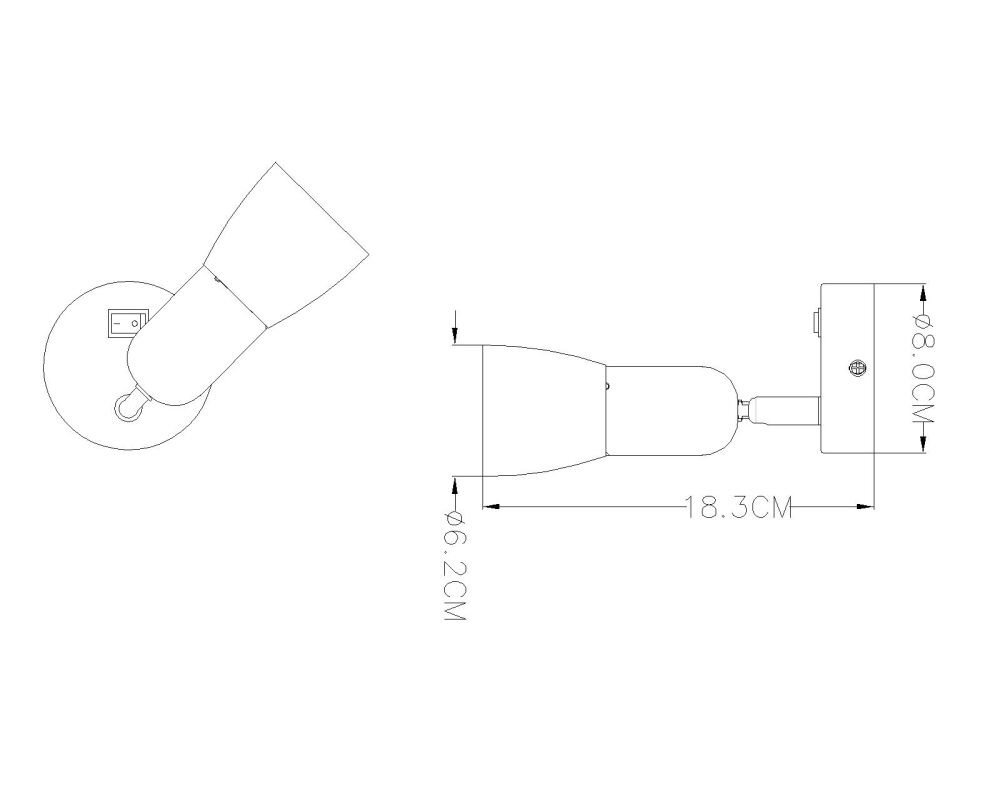 Schemat techniczny reflektora z wymiarami: 6.2 cm, 18.3 cm, 8.0 cm. Widoczne są dwa widoki reflektora: z boku i z góry.