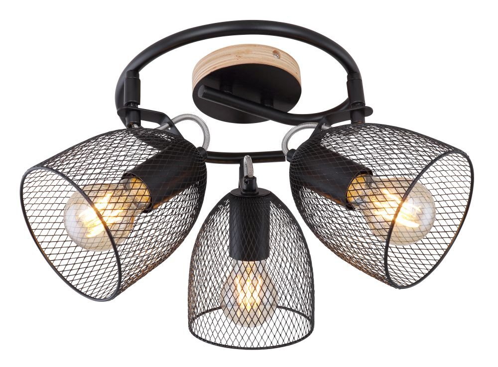 Lampa sufitowa z trzema żarówkami, każda osłonięta kloszem z czarnej siatki. Podstawa wykonana z ciemnego drewna i czarnego metalu.