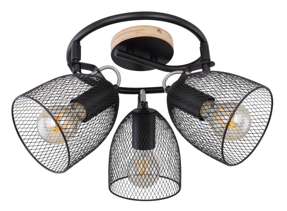 Lampa sufitowa z trzema kloszami wykonanymi z czarnej siatki, zamontowana na ciemnym drewnianym i czarnym metalowym uchwycie. Każdy klosz zawiera widoczną żarówkę.