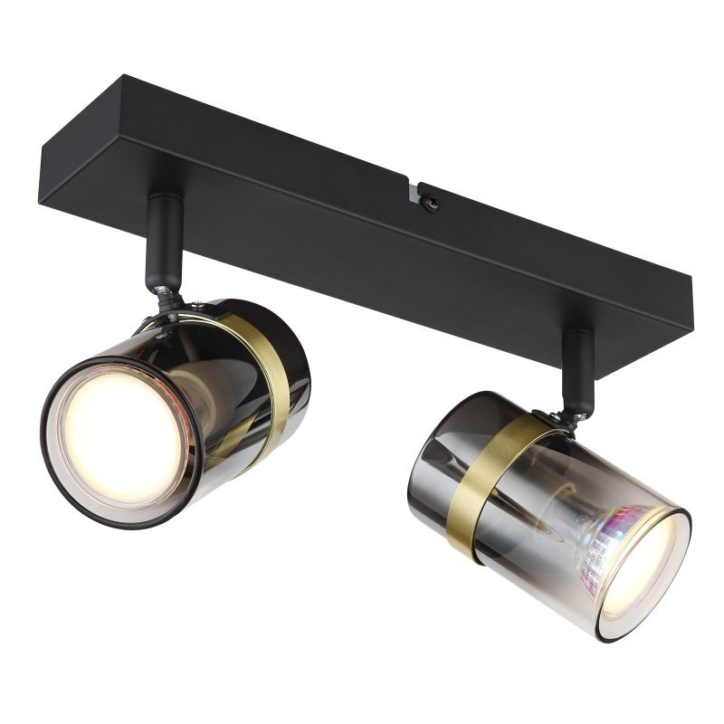 Lampa sufitowa z dwoma reflektorami w czarnym matowym wykończeniu, z przydymionym szkłem i mosiężnymi elementami. Reflektory są zamontowane na prostokątnej podstawie.