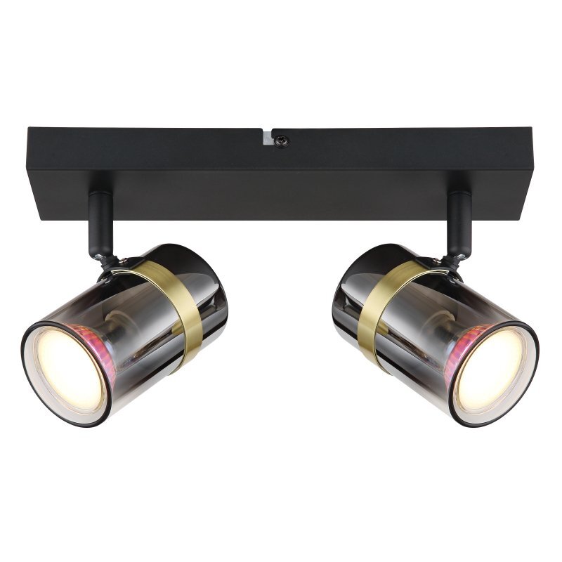 Lampa sufitowa z dwoma reflektorami w czarnym matowym wykończeniu, z przydymionym szkłem i mosiężnymi akcentami. Reflektory są zamontowane na prostokątnej podstawie.