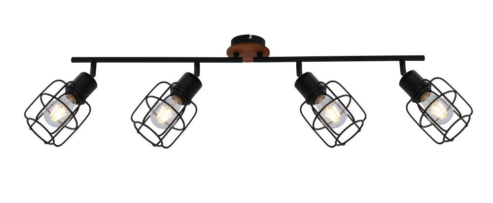 Lampa sufitowa z czterema regulowanymi reflektorami, wykonana z czarnego metalu i brązowego drewna. Każdy reflektor ma klosz w formie metalowej klatki.