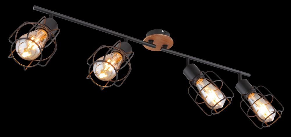 Lampa sufitowa z czterema żarówkami w metalowych kloszach, zamontowana na czarnym metalowym stelażu z elementami z brązowego drewna.