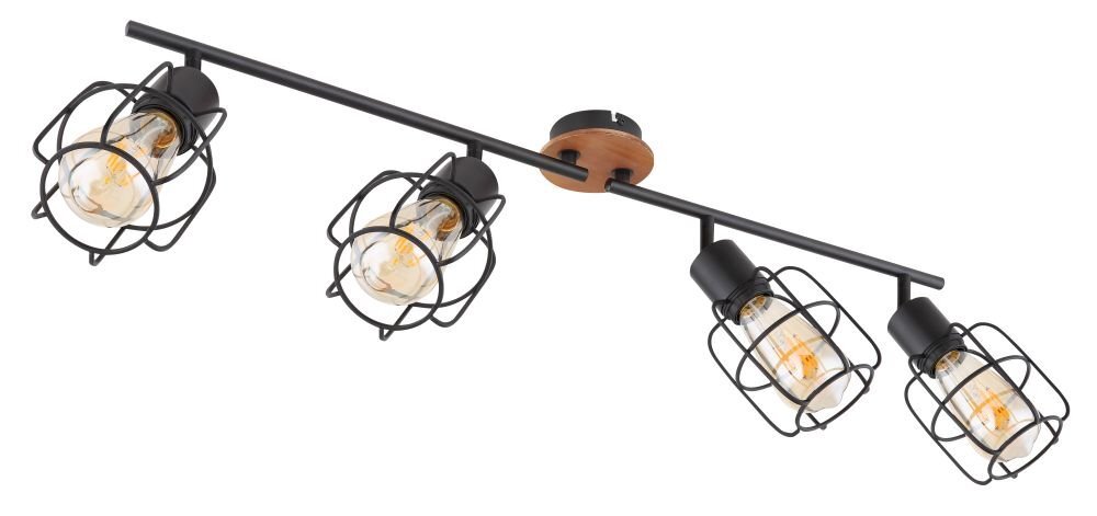 Lampa sufitowa z czterema regulowanymi źródłami światła, wykonana z czarnego metalu i brązowego drewna. Każde źródło światła otoczone jest metalową kratką.