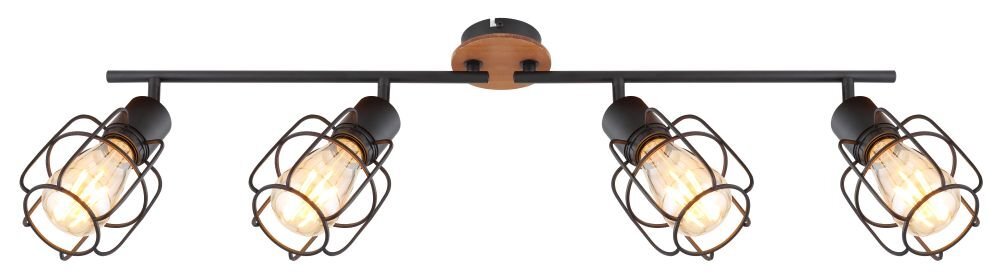 Lampa sufitowa z czterema regulowanymi źródłami światła, wykonana z czarnego metalu i brązowego drewna. Każde źródło światła otoczone jest metalową kratką.
