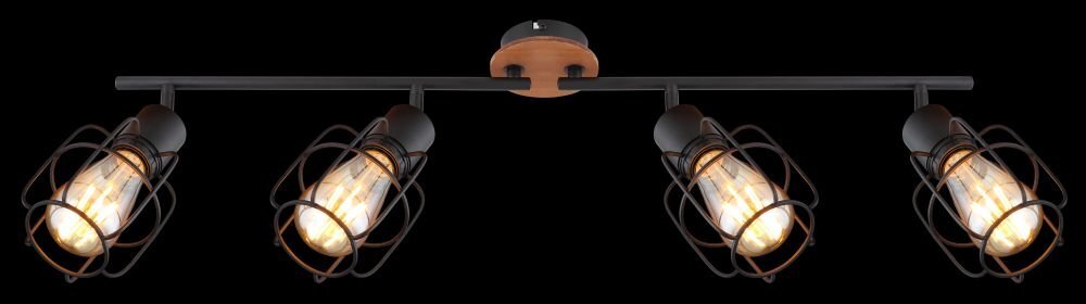 Lampa sufitowa z czterema regulowanymi reflektorami wykonana z czarnego metalu i brązowego drewna. Każdy reflektor ma klosz w formie metalowej klatki, a całość jest zamontowana na prostym, poziomym ramieniu.