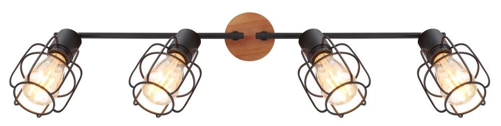 Lampa sufitowa z czterema regulowanymi źródłami światła, wykonana z czarnego metalu i brązowego drewna. Każde źródło światła jest otoczone metalową kratką.